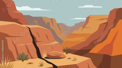 Vibrant desert canyon landscape with rock formations and sparse vegetation illustration