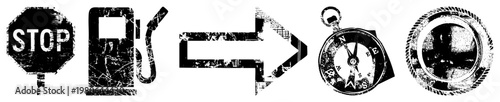 Weathered road trip symbols including stop sign, fuel pump, directional arrow, compass, and round window view all in distressed black and white vector art.