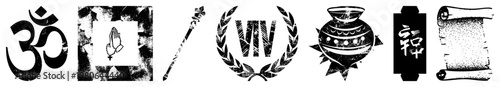 Om symbol, prayer hands, ceremonial staff, laurel wreath with "VIV", decorated urn, Chinese characters, scroll spiritual, ceremonial, cultural motifs rendered in bold vector glyphs.