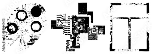 Stylized tech graphics featuring circuit, pixelated shapes, and grungy digital art elements, ideal for UI/UX, game assets, or glitch aesthetics.