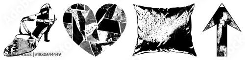Black and white halftone vector dance shoe, fractured heart, plush pillow, upward arrow. Graphic design elements with stippled texture, isolated foregrounds, artistic print style.
