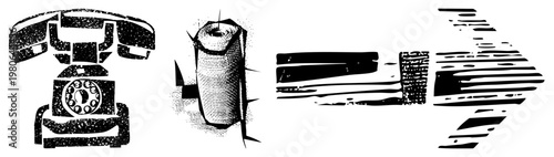 Retro rotary telephone, rolled paper towel, wooden plank textures, halftone dot, black and white vector, isolated design elements, graphic symbols for UI or print.