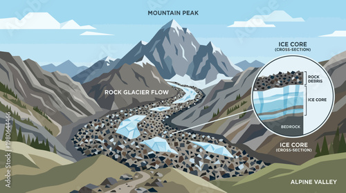 Educational cross section diagram of rock glacier flow in alpine valley showing ice core bedrock and debris layers in mountain