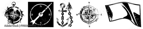 Vintage compasses with cardinal directions, nautical anchor with chain, maritime navigation, sailor tools, sea symbols.