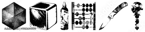 Vector illustration of cube, hexagon, spray bottle, abacus, pocket knife, and key all in halftone style, isolated foreground elements with textured shading.