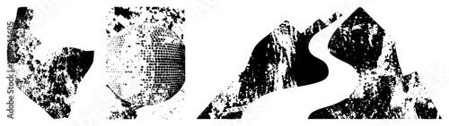 Stylized fragmented shapes with distressed textures, graphic design, grunge aesthetic, vector art elements, isolated forms, halftone inspired.