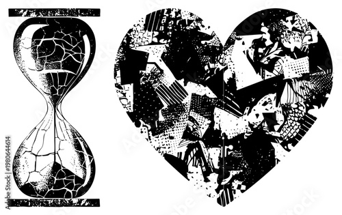 Abstract hourglass with cracked glass texture and shattered heart filled with chaotic, both rendered in stark black and white halftone style, perfect for graphic design or tattoo art.