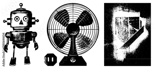 Vintage robot toy, oscillating fan with grille, halftone textured abstract design, vector, illustration, isolated foreground elements.