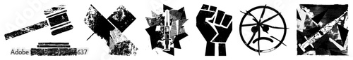Geometric rendered in halftone, featuring a gavel, flag, syringe, fist, angry face, and missile bold, graphic, symbolic.
