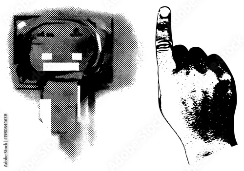 Retro camera with halftone shading, pointing finger gesture, graphic design element, vector art, black and white illustration, punk rock symbol, isolated cutout.