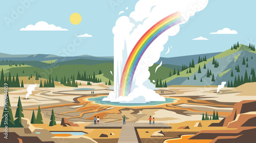 Geyser erupting with rainbow steam plume in Yellowstone park illustration