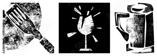 Retro stylized spatula, sparkling wine glass, and coffee pot in halftone dot, kitchen tools, beverage, minimalist vector art.