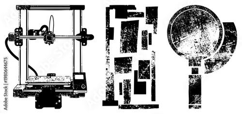 vector 3D printer, abstract geometric blocks, circular glyph with distressed texture. Flat design with halftone grain, isolated elements for UI or tech themes.