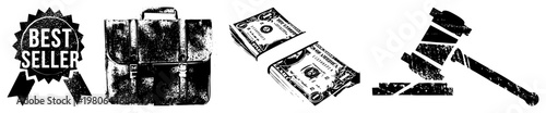 set featuring “Best Seller” award, leather briefcase, cash money, and judge’s gavel, all rendered in high contrast vector style. Perfect for commerce, legal, finance, or business themes.