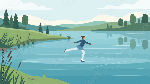 Woman figure skating gracefully on frozen lake surrounded by trees illustration