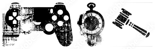 Retro gaming controller, antique pocket watch, auction gavel, distressed black and white vector, gritty texture, symbolic objects, digital and analog timepieces, legal and gaming themes.