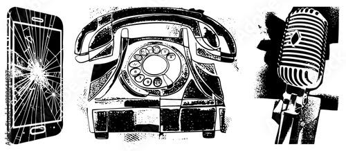 Cracked smartphone screen, rotary dial phone, vintage microphone, retro communication devices, analog vs digital tech contrast, nostalgic tech symbols.