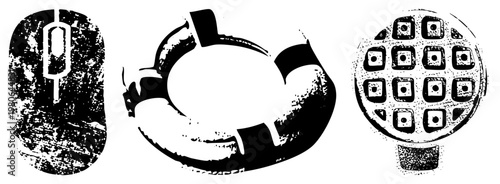 Retro tech mouse, classic teapot, grid waffle iron stylized black and white grunge. Vintage kitchenware and gadget silhouettes with distressed texture.