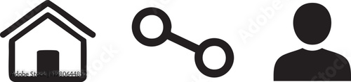 Black icons, house, user, link symbols, simple silhouette graphics, web elements