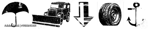 Umbrella, snowplow, downward arrow, tire, anchor stylized rendered in halftone texture, ideal for UI, signage, or graphic design projects.