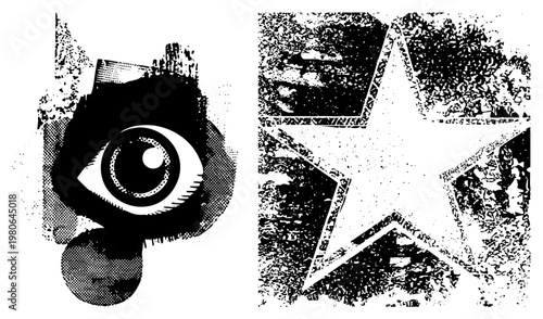 Graphic design featuring an eye and star rendered in halftone with gritty texture, vector illustration, bold shapes,, pop art influence, isolated elements.