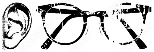 Stylized ear and eyeglasses in black and white, halftone print effect, graphic design elements, vector illustration, medical or vision theme, isolated foreground.