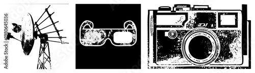 Windmill silhouette, 3D glasses, vintage camera vector set, flat design, isolated graphics, retro tech, stylized objects.
