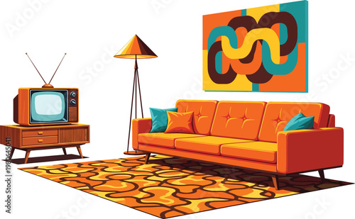 A vibrant and nostalgic retro-style living room featuring an orange sofa, vintage television, and abstract wall art.
