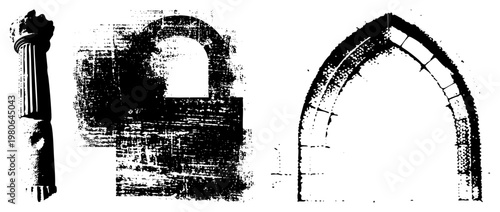 Stone gothic archway and fluted classical column, architectural motifs, historic design, vector illustration, rendering, heritage structures, structural elements.