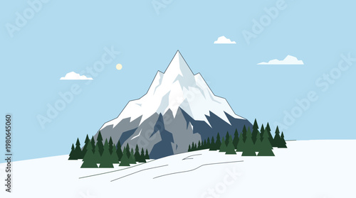 Minimalist winter landscape featuring snow capped mountain peak and pine forest under bright blue sky with sun
