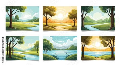Set of 6 Vector Nature Landscapes with Trees, Rivers, and Lakes