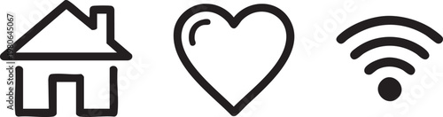 line icons, house, heart, wifi symbols, simple black vector graphics, web and home connection signs