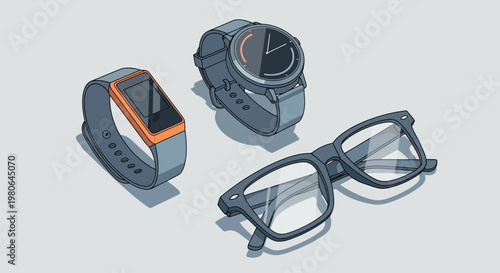 Smartwatch and eyeglasses on a gray background