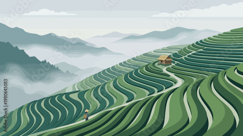 Minimalist digital illustration of lush green tea plantation terraces on misty mountain slopes with a traditional hut and lone farmer