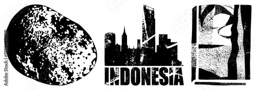 Abstract halftone representations of Indonesia’s natural and urban identity, featuring volcanic island, Jakarta, and traditional textile, graphic design.