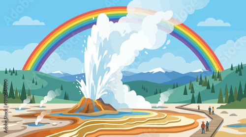 Yellowstone geyser eruption with rainbow and visitors on boardwalk illustration
