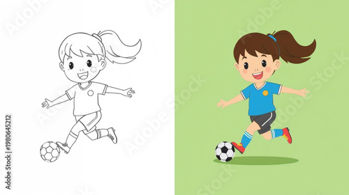 cartoon girl in a blue soccer jersey and red cleats playing a soccer ball coloring book illustration