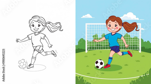 cartoon girl in a blue soccer jersey and red cleats playing a soccer ball coloring book illustration