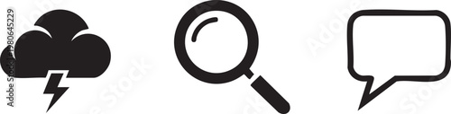 Weather, communication, investigation icons, black vector symbols, flat design, chat, search, storm elements