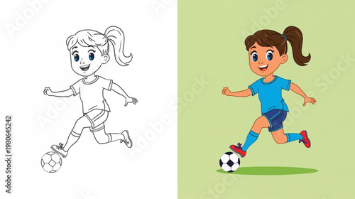 cartoon girl in a blue soccer jersey and red cleats playing a soccer ball coloring book illustration