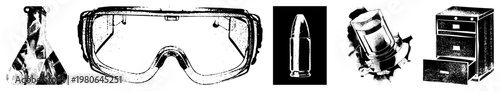 Protective goggles, chemical flask, bullet, explosive canister, filing cabinet safety equipment for hazardous environments, lab, factory, military, and storage contexts.