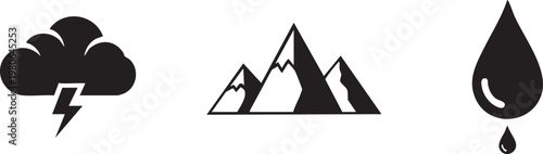 Weather icons, storm symbols, mountain graphics, droplet signs, black vector set