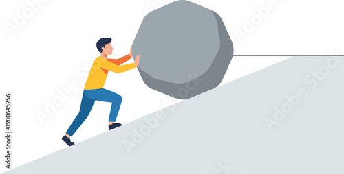 Man pushing large boulder up steep hill with effort and determination
