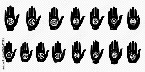 Set of Jainism symbol Ahimsa hand with a wheel on the palm, vector illustration.