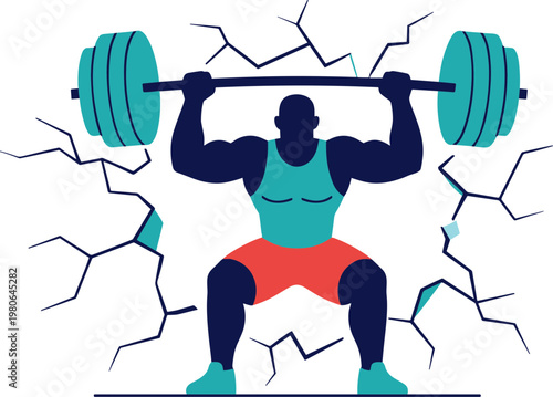 Man lifting weights causing cracks in wall with heavy barbell overhead