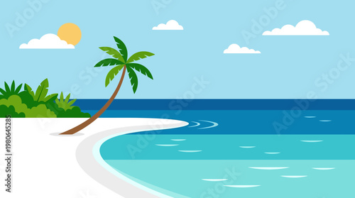 Minimalist tropical island beach vector graphic with clear turquoise ocean waves and a solitary palm tree on white sand shore