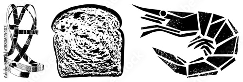 Graphic set of three isolated vector seatbelt harness, textured bread slice, and geometric shrimp. Flat design with halftone texture. Food, safety, and seafood symbols.