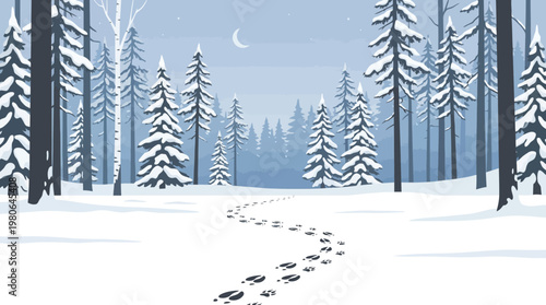 Moonlit snowy forest trail with tall pine trees covered in heavy snow and animal tracks winding through the quiet winter woods