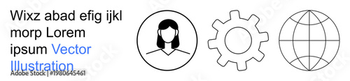 Digital identity, technology tools, global connections, user interface, innovation, online systems. Outline of a person, gear and globe icons. Digital identity and technology tools concept