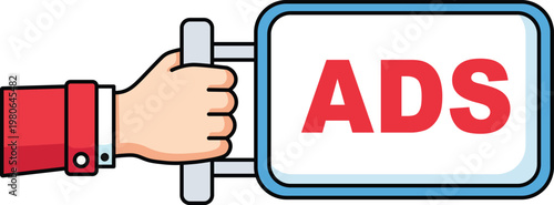 Hand activating a bold digital advertising sign with red text